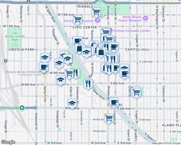 map of restaurants, bars, coffee shops, grocery stores, and more near 909 Bannock Street in Denver