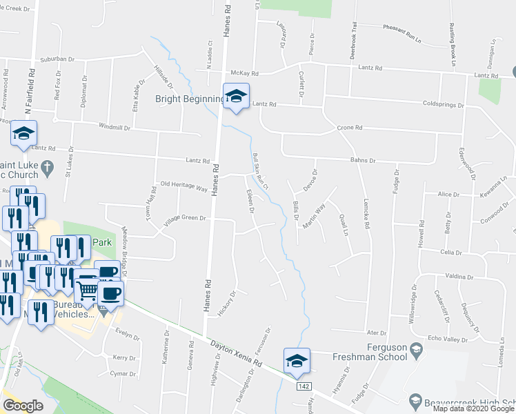map of restaurants, bars, coffee shops, grocery stores, and more near 1428 Eileen Drive in Dayton