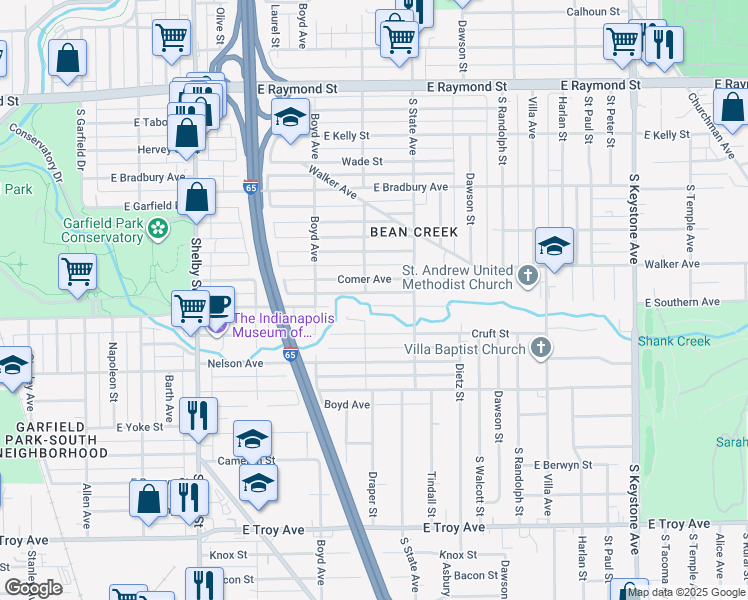 map of restaurants, bars, coffee shops, grocery stores, and more near 1628 East Southern Avenue in Indianapolis