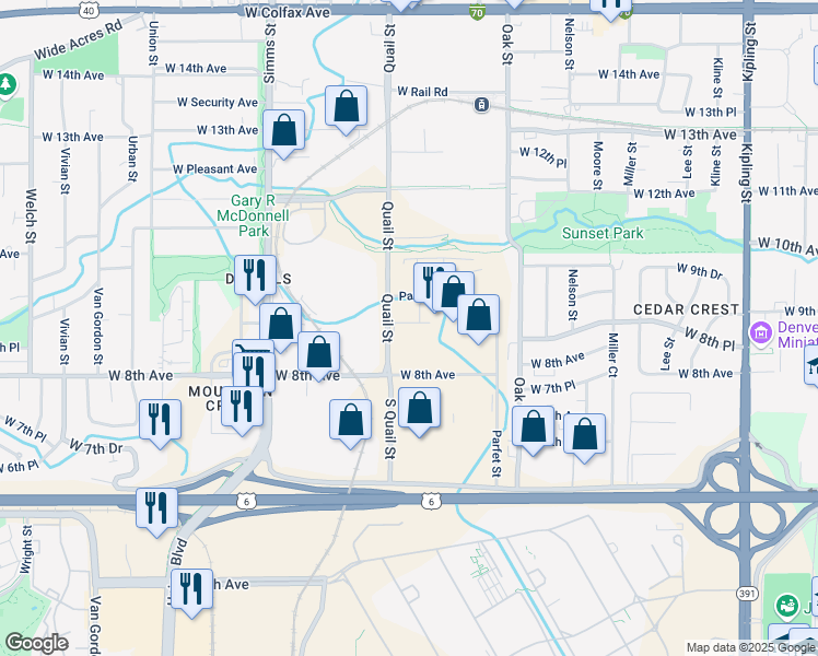 map of restaurants, bars, coffee shops, grocery stores, and more near 810 Quail Street in Lakewood