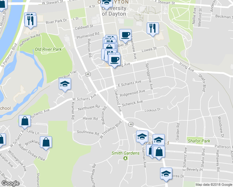 map of restaurants, bars, coffee shops, grocery stores, and more near Oakwood Avenue in Dayton
