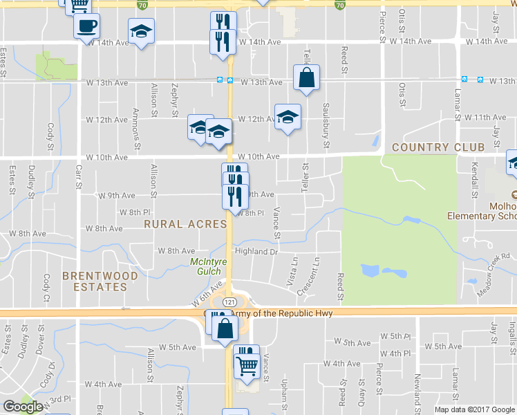 map of restaurants, bars, coffee shops, grocery stores, and more near 7515 West 8th Place in Lakewood