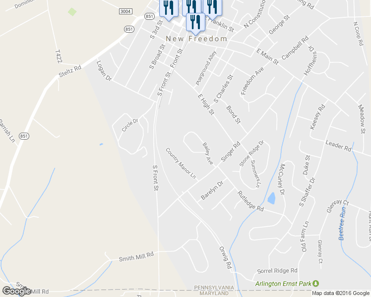 map of restaurants, bars, coffee shops, grocery stores, and more near 2438 Bailey Avenue in New Freedom