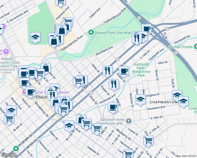 map of restaurants, bars, coffee shops, grocery stores, and more near 869 East 8th Street in Chico