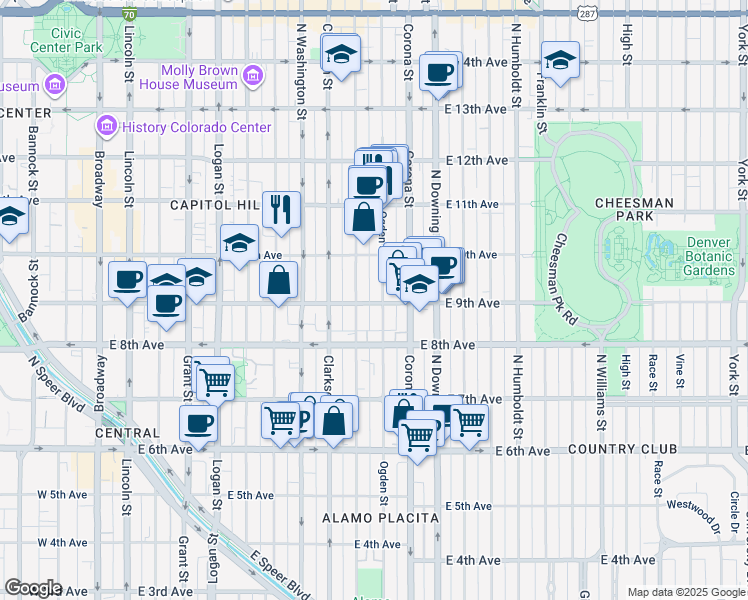 map of restaurants, bars, coffee shops, grocery stores, and more near 901 North Ogden Street in Denver