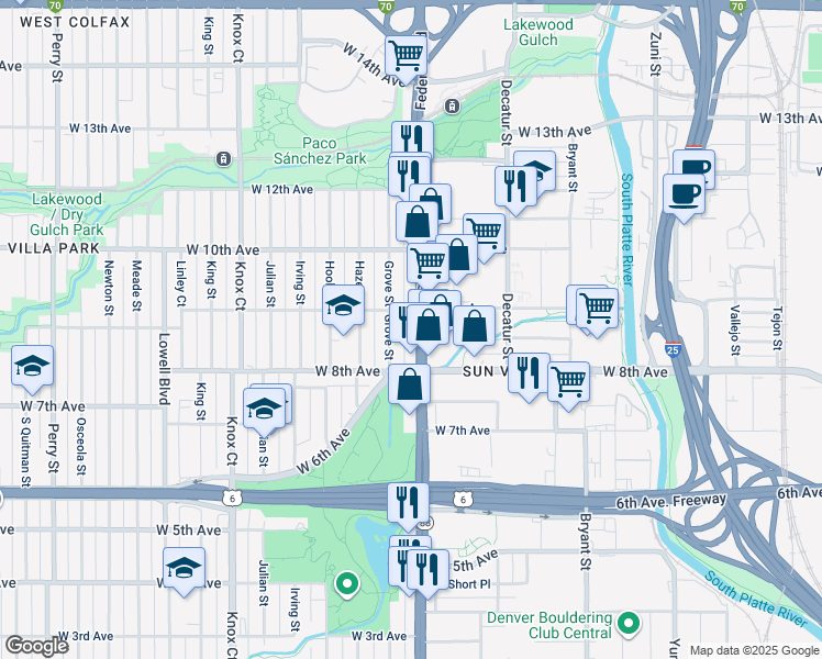 map of restaurants, bars, coffee shops, grocery stores, and more near 867 Federal Boulevard in Denver