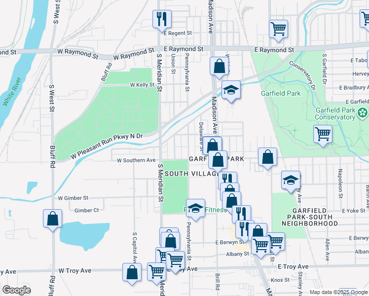 map of restaurants, bars, coffee shops, grocery stores, and more near 2530 S Pennsylvania St in Indianapolis