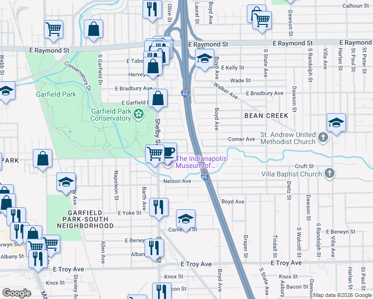 map of restaurants, bars, coffee shops, grocery stores, and more near 1218 East Southern Avenue in Indianapolis