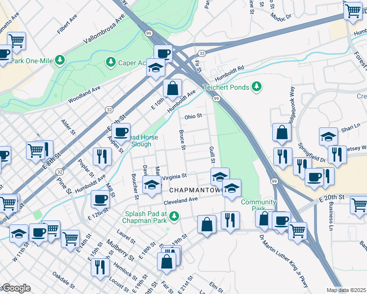 map of restaurants, bars, coffee shops, grocery stores, and more near Bruce Street in Chico