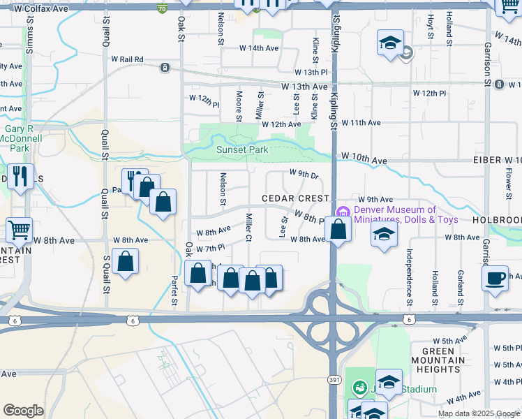 map of restaurants, bars, coffee shops, grocery stores, and more near 10310 West 8th Place in Lakewood