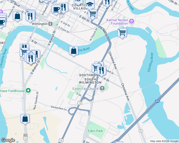 map of restaurants, bars, coffee shops, grocery stores, and more near 411 Townsend Street in Wilmington