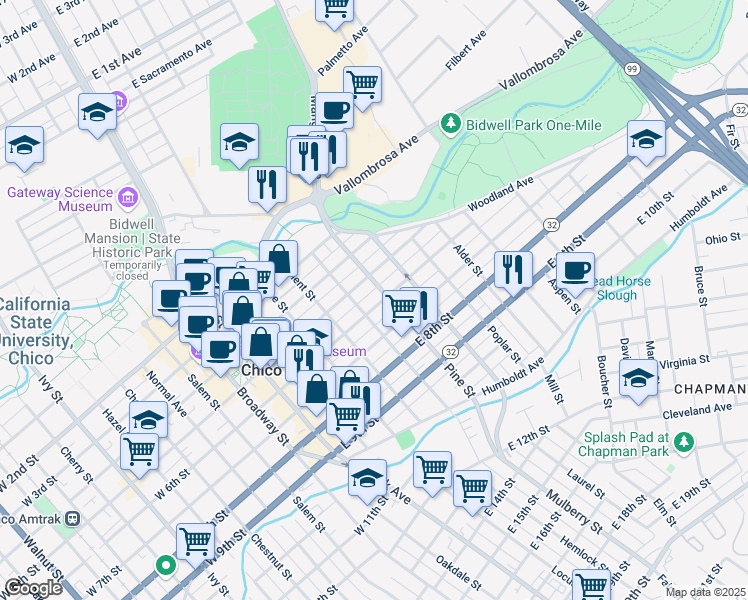map of restaurants, bars, coffee shops, grocery stores, and more near 580 East 6th Street in Chico