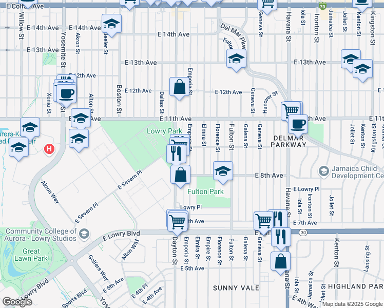 map of restaurants, bars, coffee shops, grocery stores, and more near 988 Emporia Street in Aurora