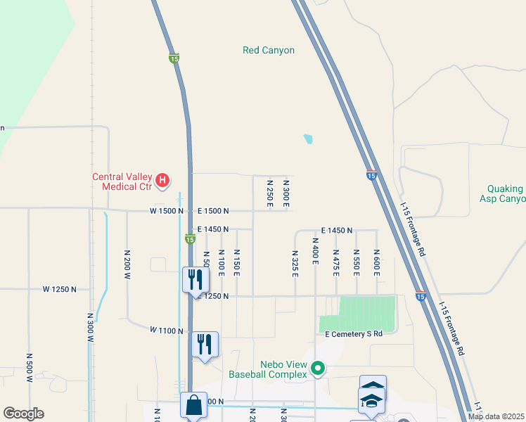 map of restaurants, bars, coffee shops, grocery stores, and more near 286 East 1500 North in Nephi