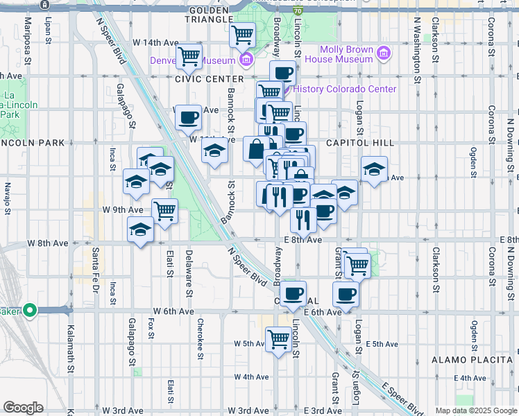 map of restaurants, bars, coffee shops, grocery stores, and more near 43 West 9th Avenue in Denver