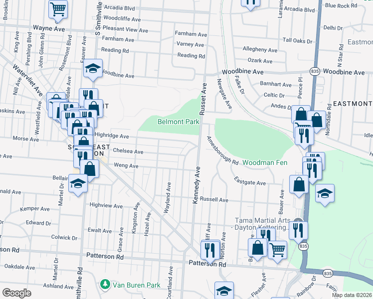 map of restaurants, bars, coffee shops, grocery stores, and more near 2425 Springmont Avenue in Dayton