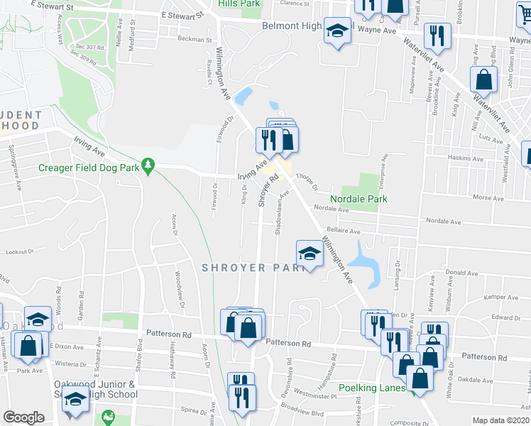 map of restaurants, bars, coffee shops, grocery stores, and more near 332 Shroyer Road in Dayton