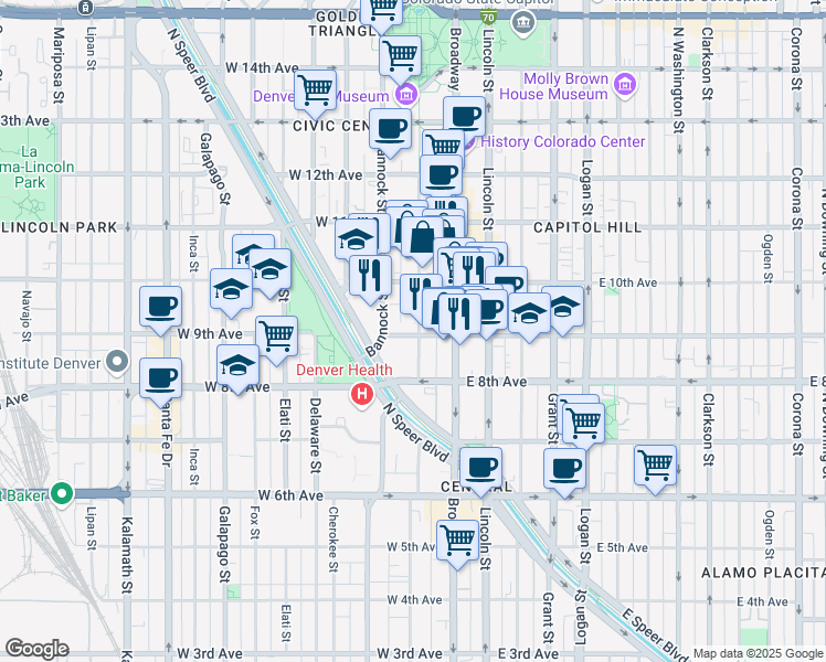 map of restaurants, bars, coffee shops, grocery stores, and more near 907 Acoma Street in Denver