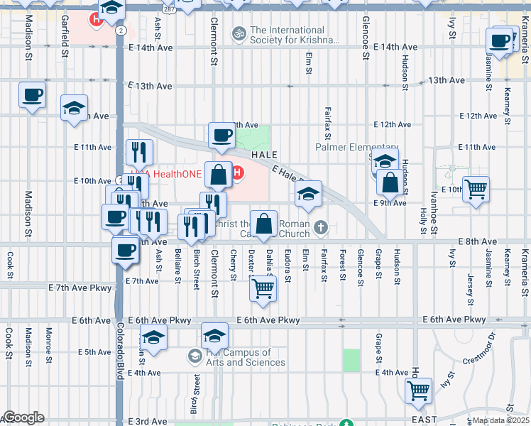 map of restaurants, bars, coffee shops, grocery stores, and more near 870 Dexter Street in Denver