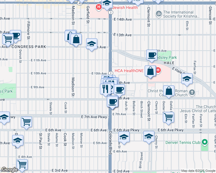 map of restaurants, bars, coffee shops, grocery stores, and more near 864 Harrison Street in Denver