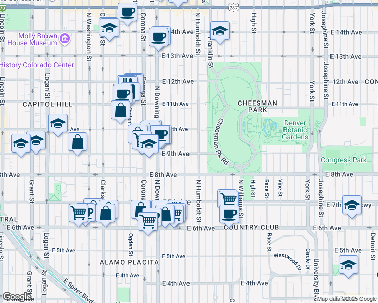 map of restaurants, bars, coffee shops, grocery stores, and more near 1415 East 9th Avenue in Denver