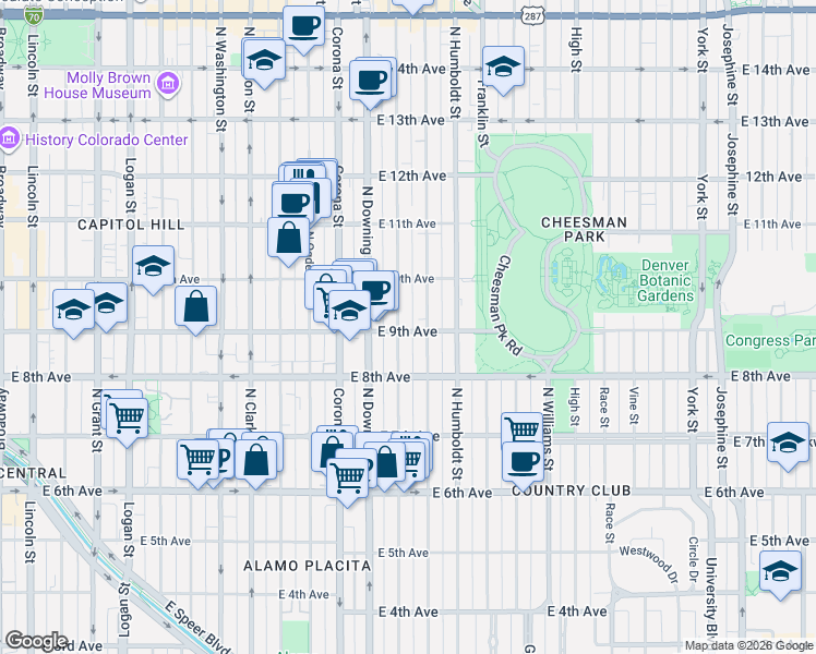 map of restaurants, bars, coffee shops, grocery stores, and more near 1301 East 9th Avenue in Denver
