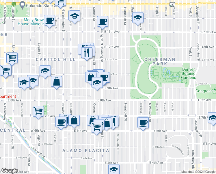 map of restaurants, bars, coffee shops, grocery stores, and more near 1301 East 9th Avenue in Denver