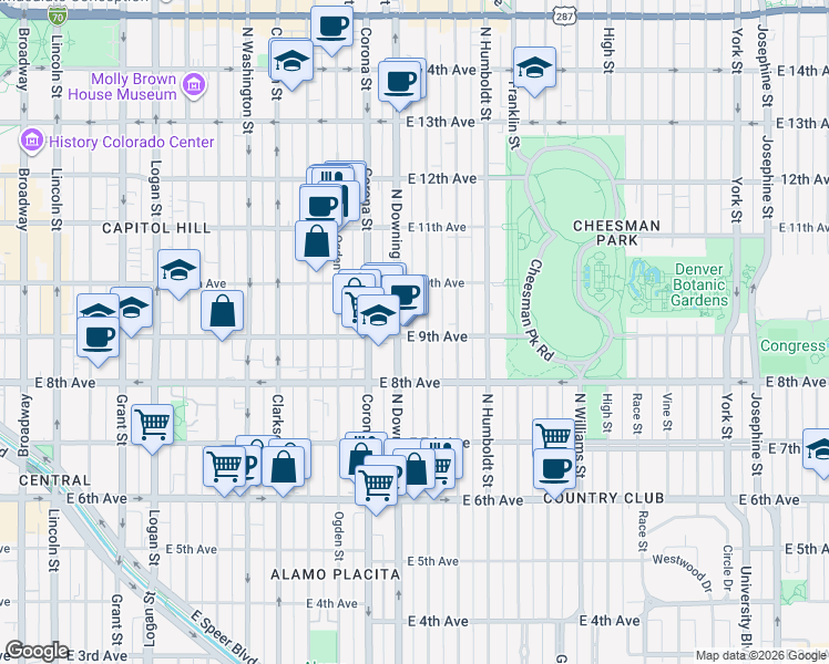 map of restaurants, bars, coffee shops, grocery stores, and more near in Denver
