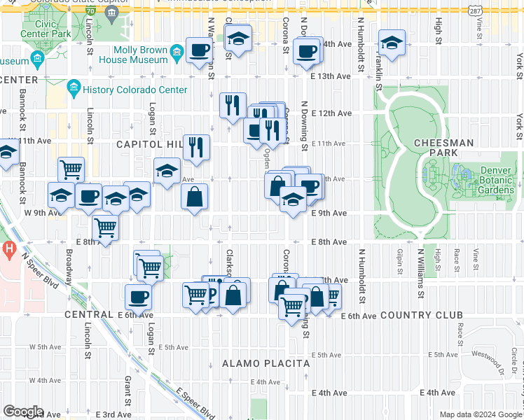 map of restaurants, bars, coffee shops, grocery stores, and more near in Denver