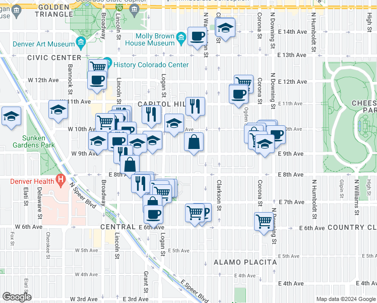 map of restaurants, bars, coffee shops, grocery stores, and more near 900 Pennsylvania Street in Denver