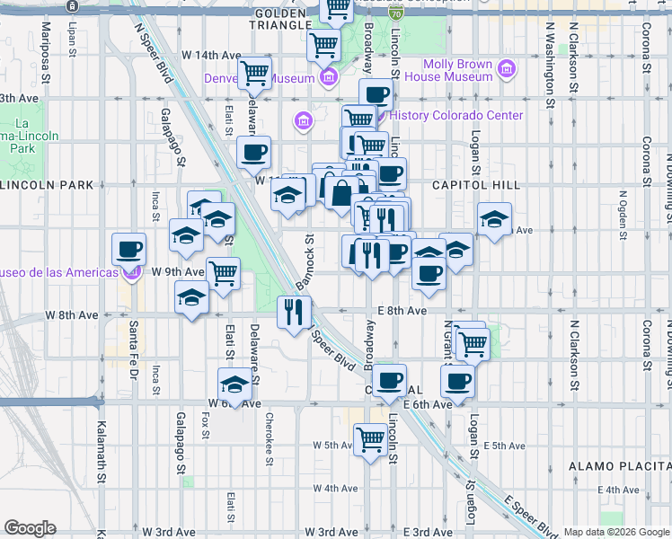 map of restaurants, bars, coffee shops, grocery stores, and more near 907 Acoma Street in Denver