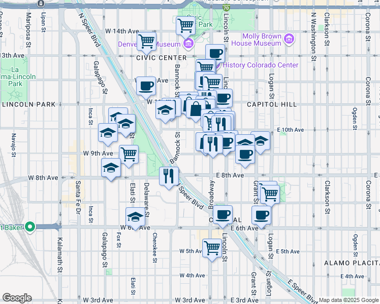 map of restaurants, bars, coffee shops, grocery stores, and more near 907 Acoma Street in Denver