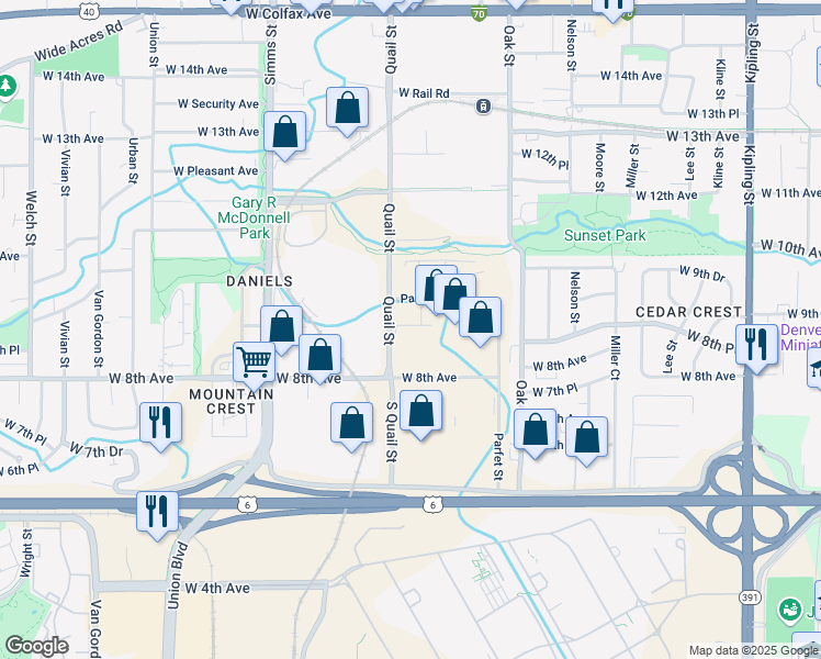 map of restaurants, bars, coffee shops, grocery stores, and more near 810 Quail Street in Lakewood