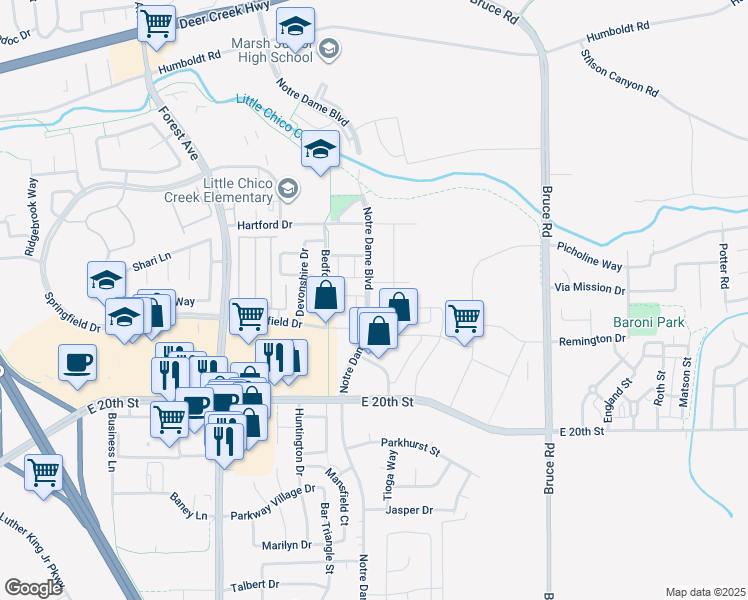 map of restaurants, bars, coffee shops, grocery stores, and more near 1888 Notre Dame Boulevard in Chico