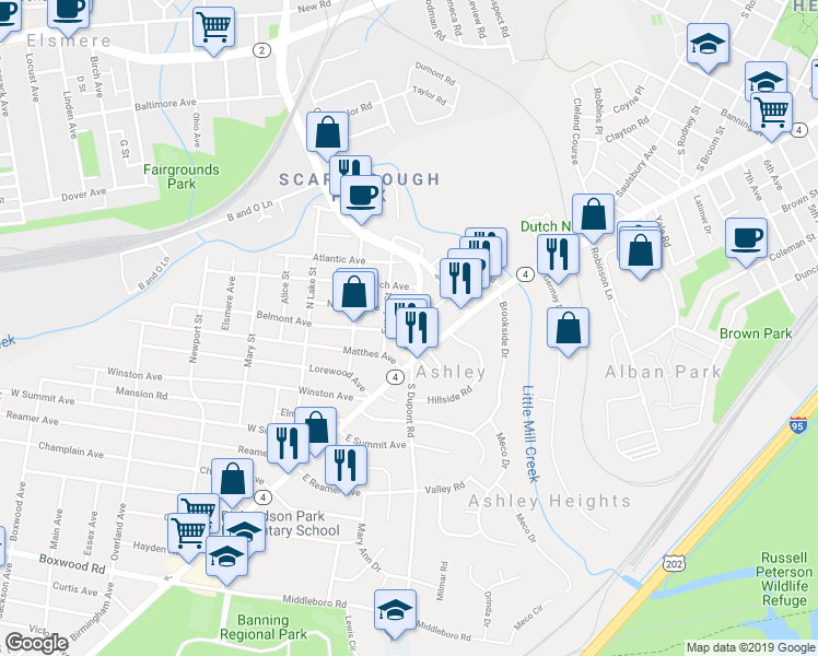 map of restaurants, bars, coffee shops, grocery stores, and more near 5 Belmont Avenue in Wilmington