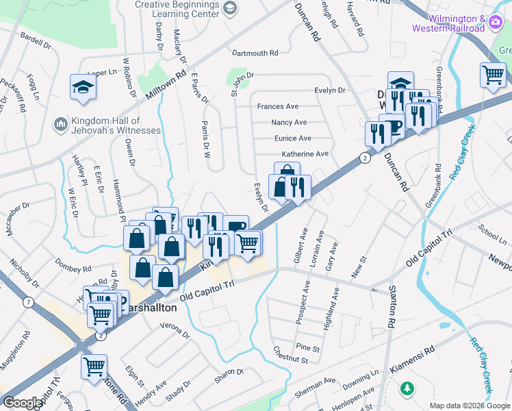map of restaurants, bars, coffee shops, grocery stores, and more near 2 Claire Place in Wilmington