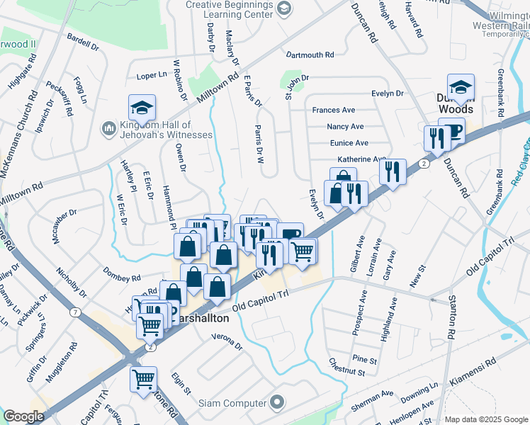 map of restaurants, bars, coffee shops, grocery stores, and more near 14 Deville Circle in Wilmington