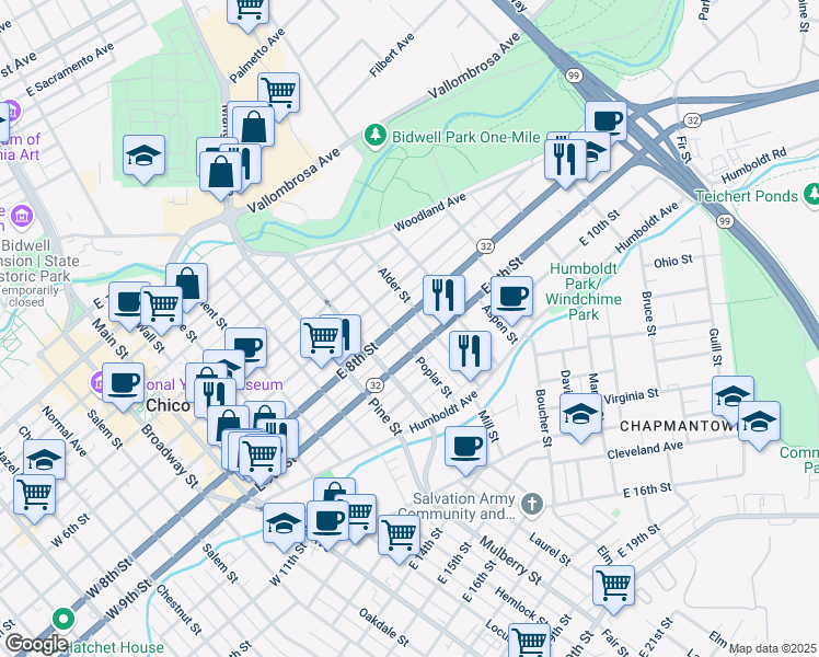 map of restaurants, bars, coffee shops, grocery stores, and more near 869 East 8th Street in Chico