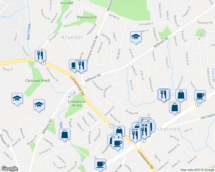 map of restaurants, bars, coffee shops, grocery stores, and more near 2504 Mccawber Drive in Wilmington