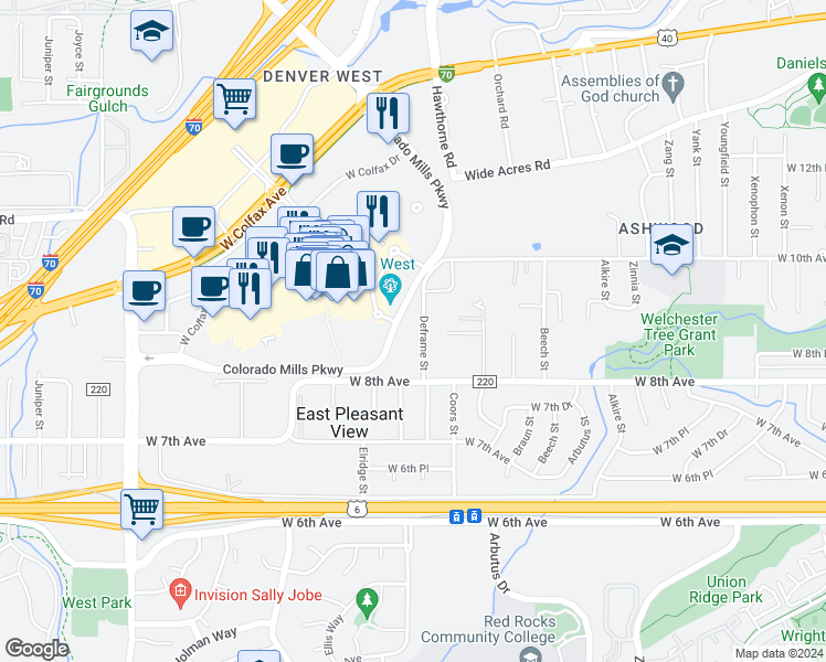 map of restaurants, bars, coffee shops, grocery stores, and more near 885 Deframe Street in Golden
