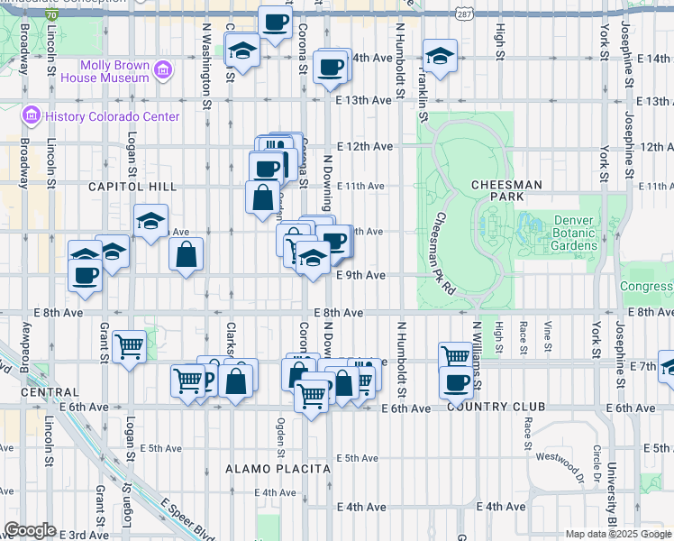 map of restaurants, bars, coffee shops, grocery stores, and more near in Denver