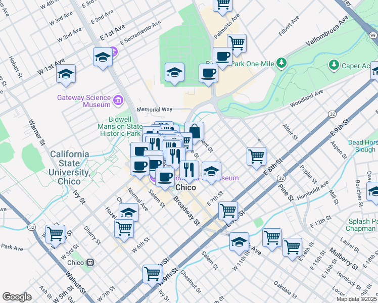 map of restaurants, bars, coffee shops, grocery stores, and more near 318 Flume Street in Chico
