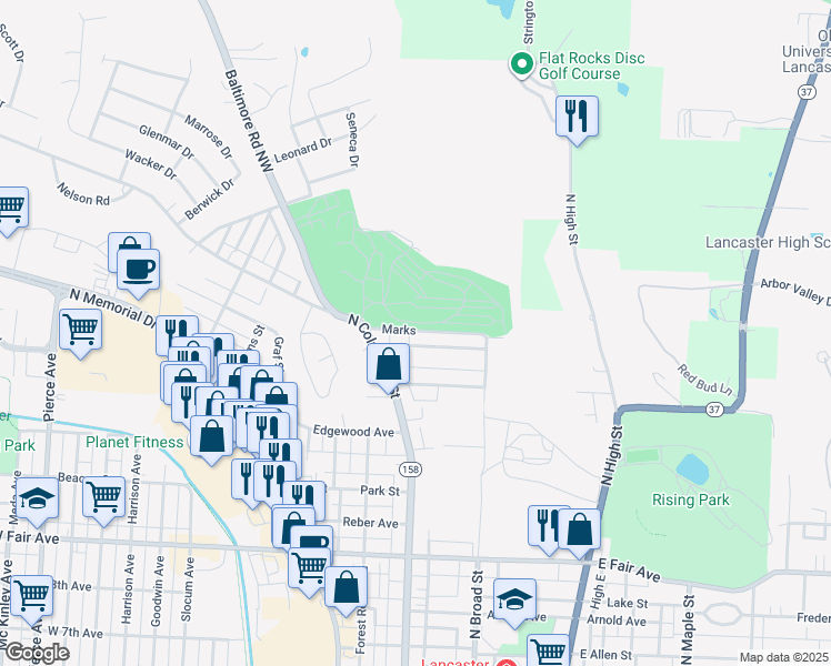 map of restaurants, bars, coffee shops, grocery stores, and more near 161 Marks in Lancaster