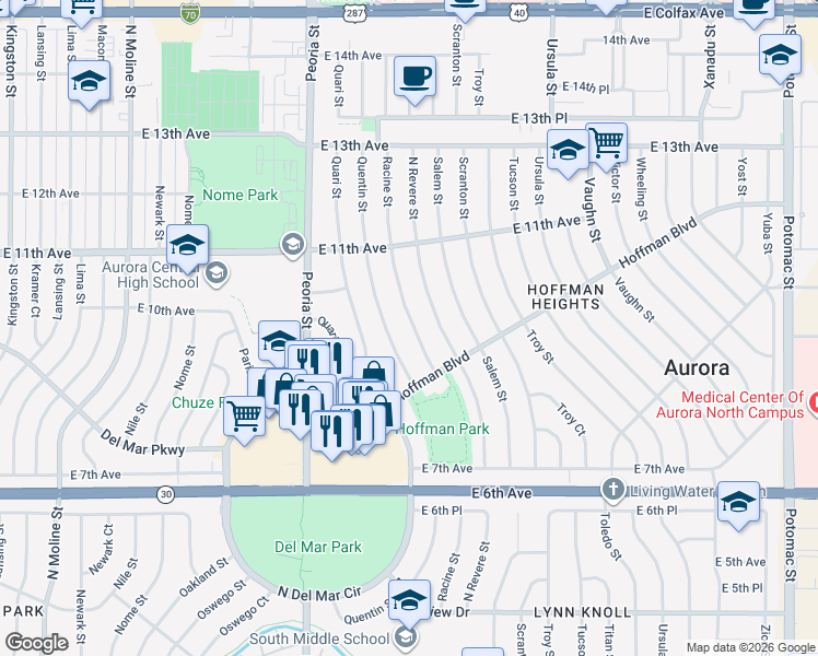 map of restaurants, bars, coffee shops, grocery stores, and more near 880 Racine Street in Aurora