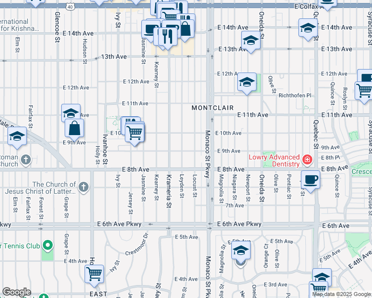 map of restaurants, bars, coffee shops, grocery stores, and more near 904 Leyden Street in Denver