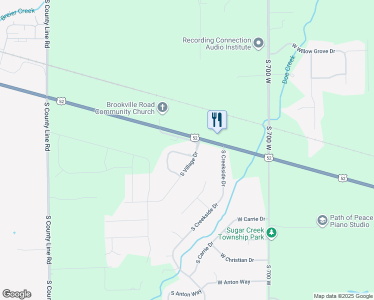 map of restaurants, bars, coffee shops, grocery stores, and more near 7358 West White Oak Drive in New Palestine