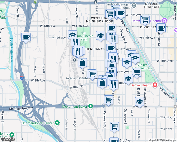 map of restaurants, bars, coffee shops, grocery stores, and more near 1203 West 9th Avenue in Denver