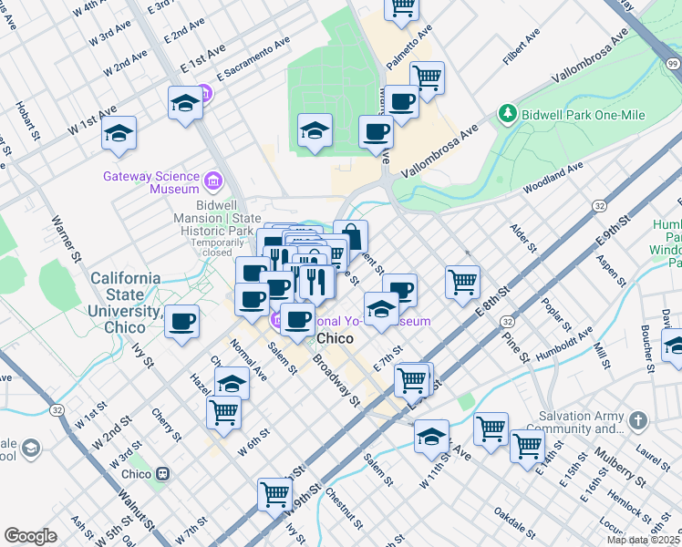 map of restaurants, bars, coffee shops, grocery stores, and more near 310 Flume Street in Chico