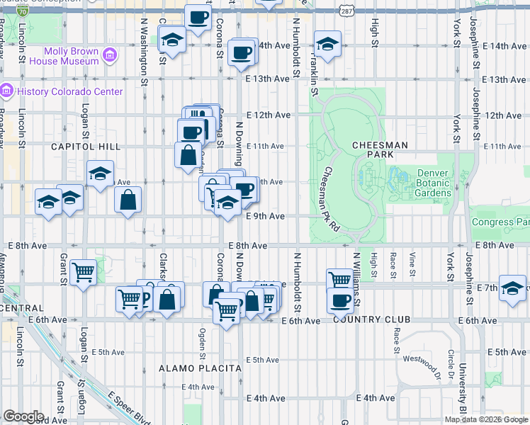map of restaurants, bars, coffee shops, grocery stores, and more near 1301 East 9th Avenue in Denver