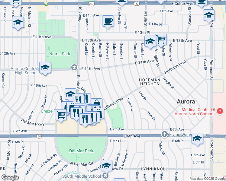 map of restaurants, bars, coffee shops, grocery stores, and more near 880 Racine Street in Aurora